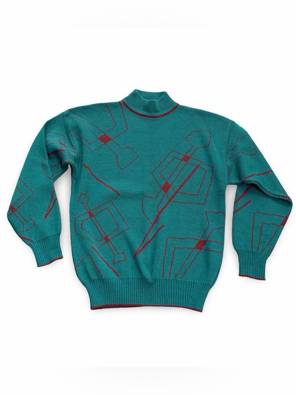 Vintage Teal Turtleneck Sweater with Maroon Geometric Accents